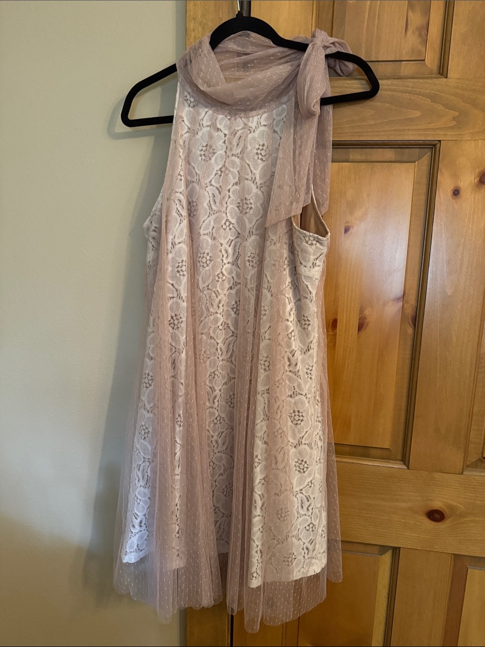Ryu Cream with Tan Lace Mini Dress with Sheer Scarf